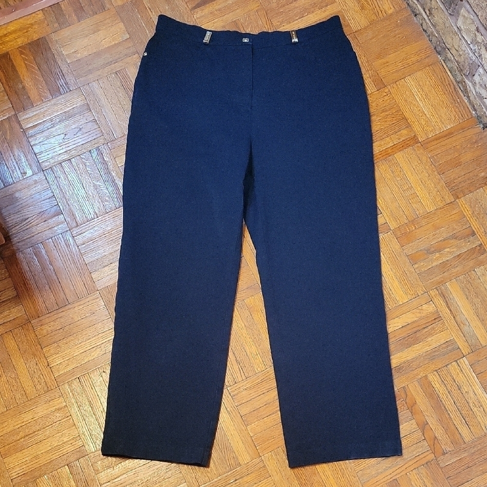 St. John Sport Straight Leg High Rise Pants Gold Logo Hardware Navy Size 14 USA